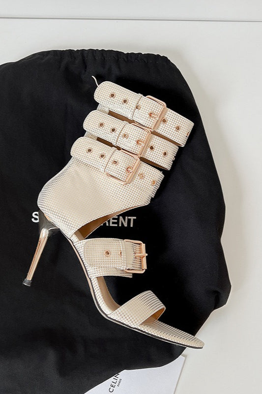 Studded Buckle Mid-Heel Sandals