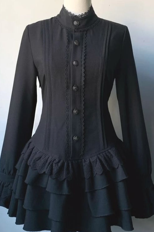 Dark Lace Patchwork Button Front Ruffle Mini Dress Secondary image