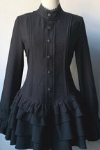 Dark Lace Patchwork Button Front Ruffle Mini Dress