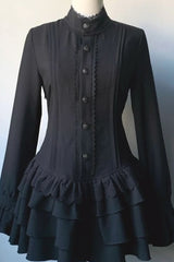 Dark Lace Patchwork Button Front Ruffle Mini Dress