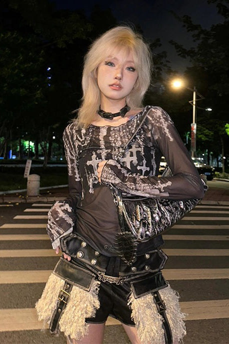 Grunge Streetwear Graphic Mesh Long Sleeve Mesh Top Secondary image