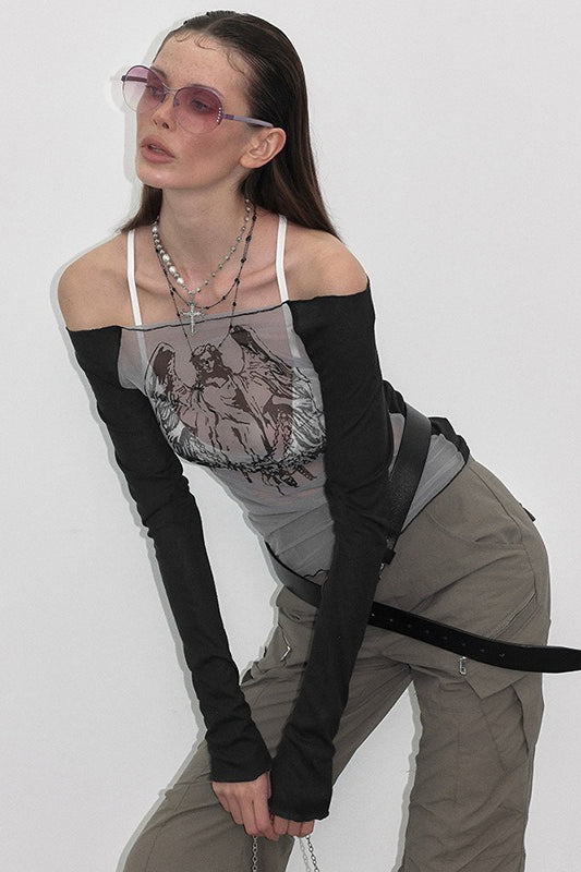 Mesh Knit Patchwork Off Shoulder Printed Mesh Top Main image