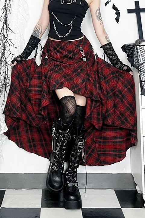 E-girl Red Plaid High Waist Grunge Irregular Skirt Main image