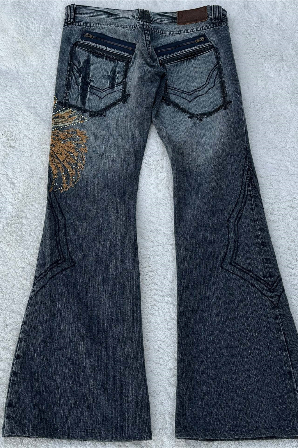 Embroidered Wing Washed Flare Jeans