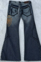 Embroidered Wing Washed Flare Jeans
