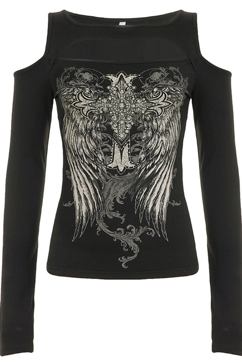 Wing Print Cold Shoulder Top
