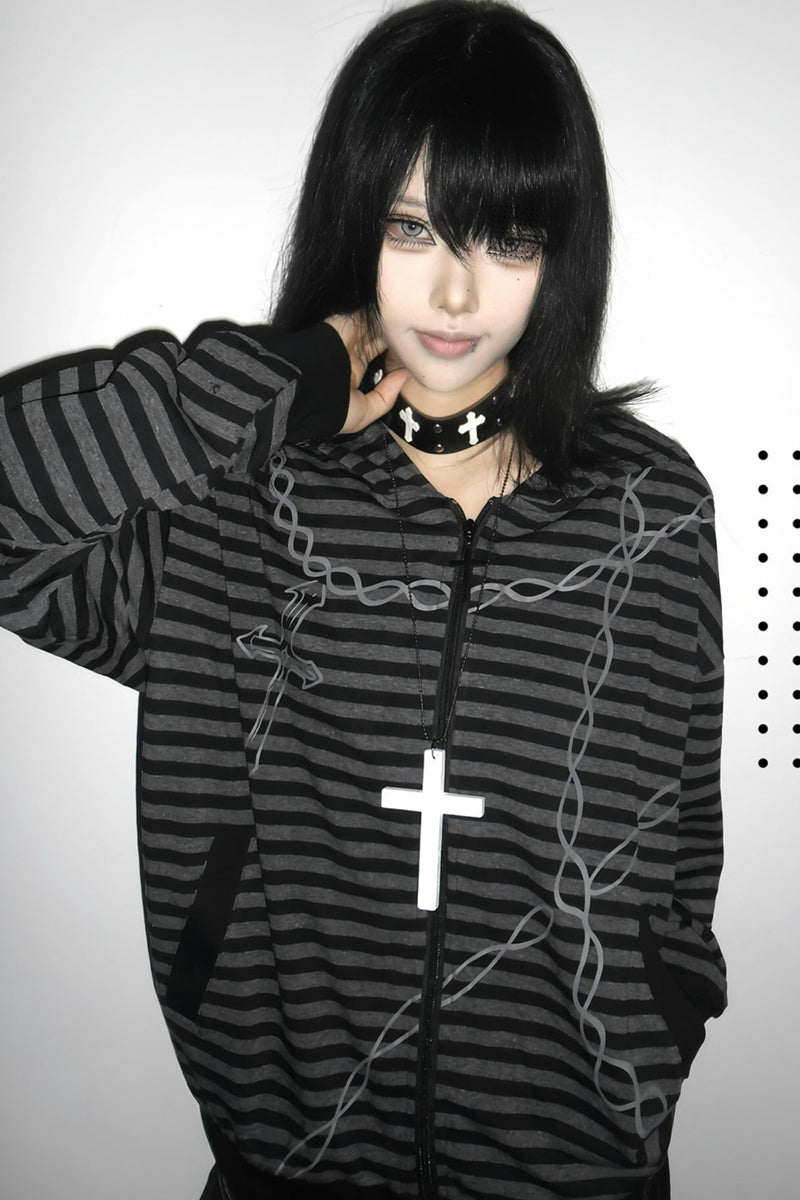 GothicPunkStriped Zip Hoodie