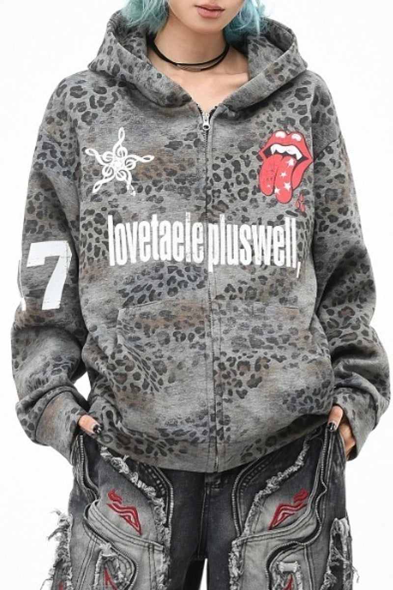 GothicPunkLeopard Print Zip Hoodie