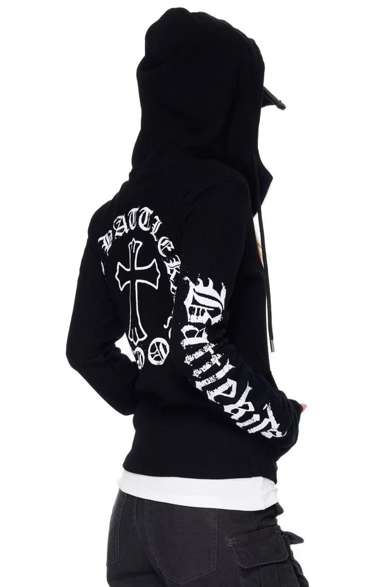 GothicPunkLetter Print Fitted Zip Hoodie