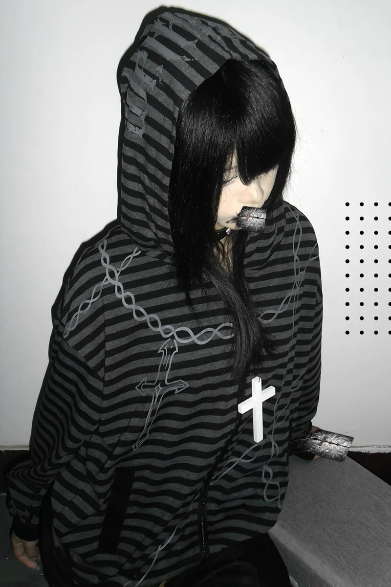 GothicPunkStriped Zip Hoodie