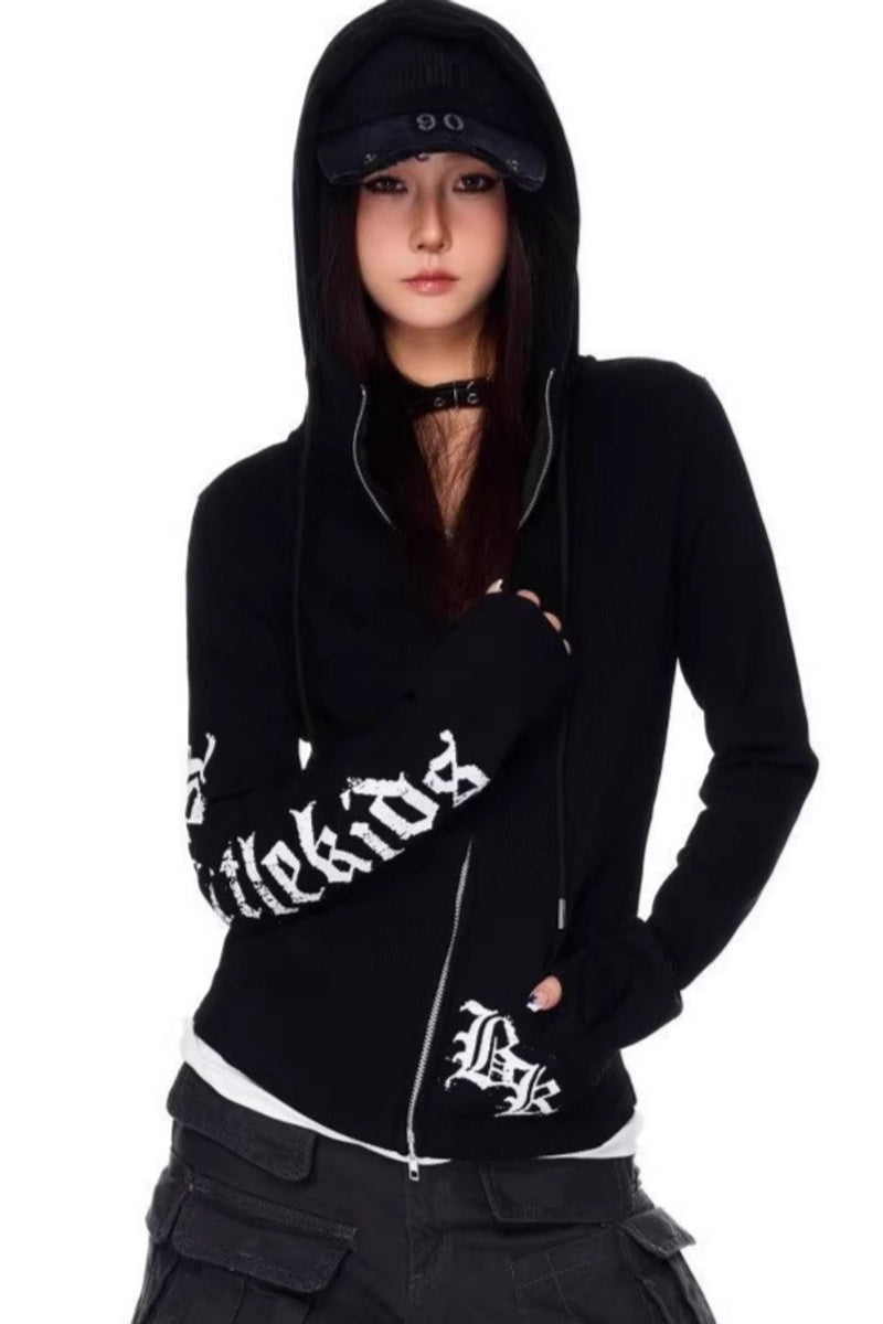 GothicPunkLetter Print Fitted Zip Hoodie Secondary image