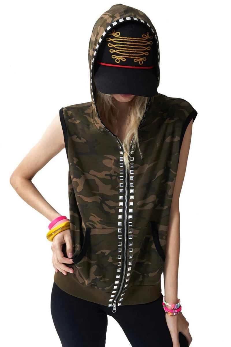 GothicPunkStudded Camo Hooded Vest