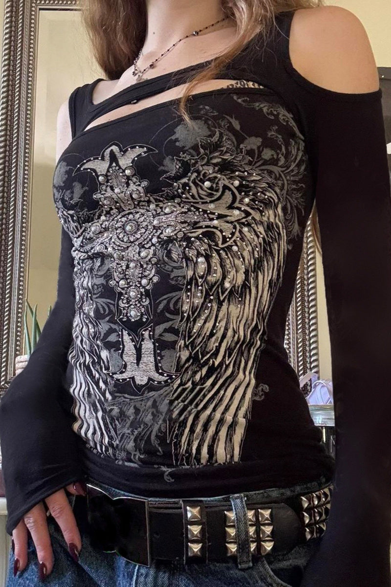 Wing Print Cold Shoulder Top