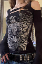 Wing Print Cold Shoulder Top