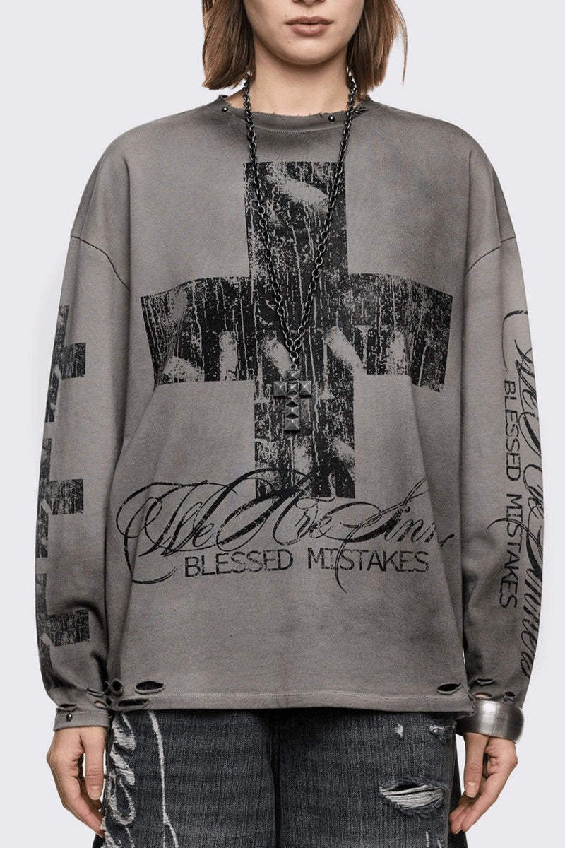 Cross Print Distressed Top
