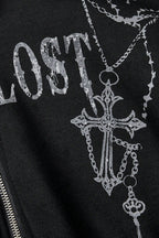 GothicPunkFur Trim Cross Print Cropped Hoodie