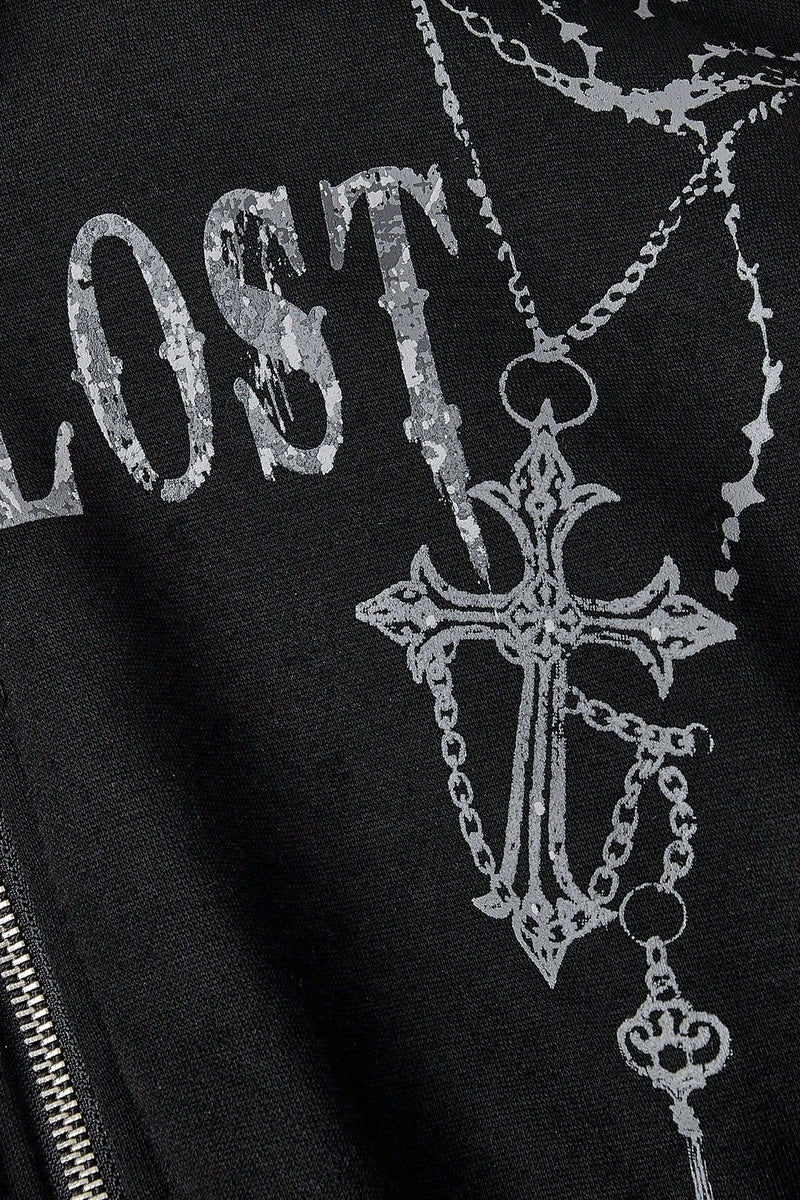 GothicPunkFur Trim Cross Print Cropped Hoodie