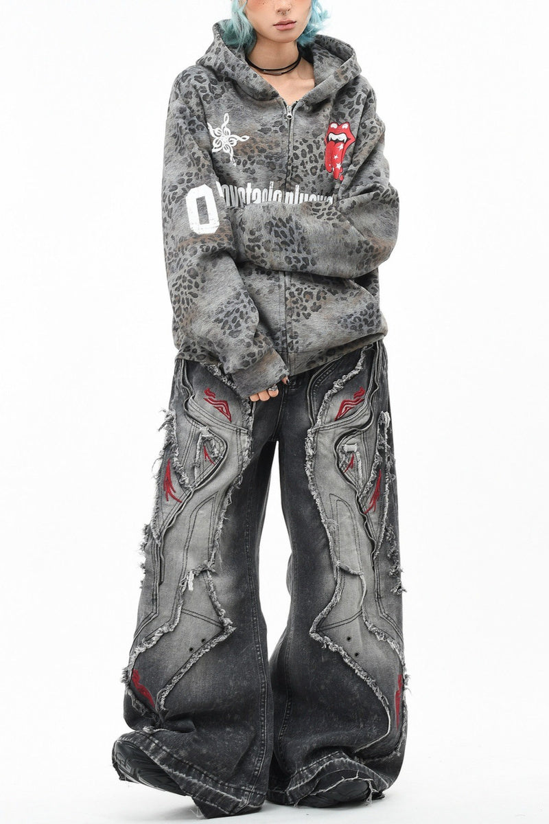 GothicPunkLeopard Print Zip Hoodie