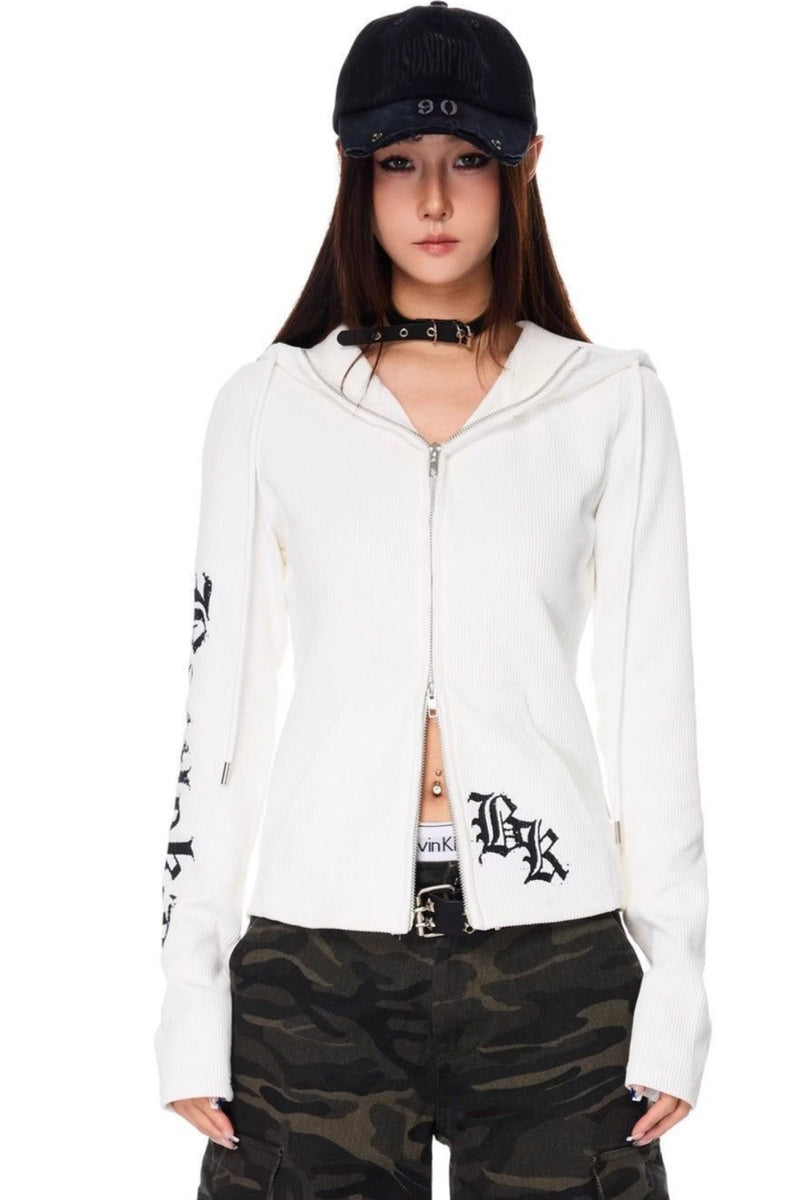GothicPunkLetter Print Fitted Zip Hoodie