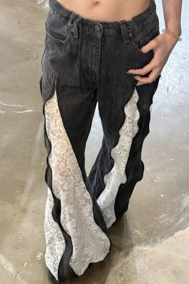 Lace Panel Flared Jeans