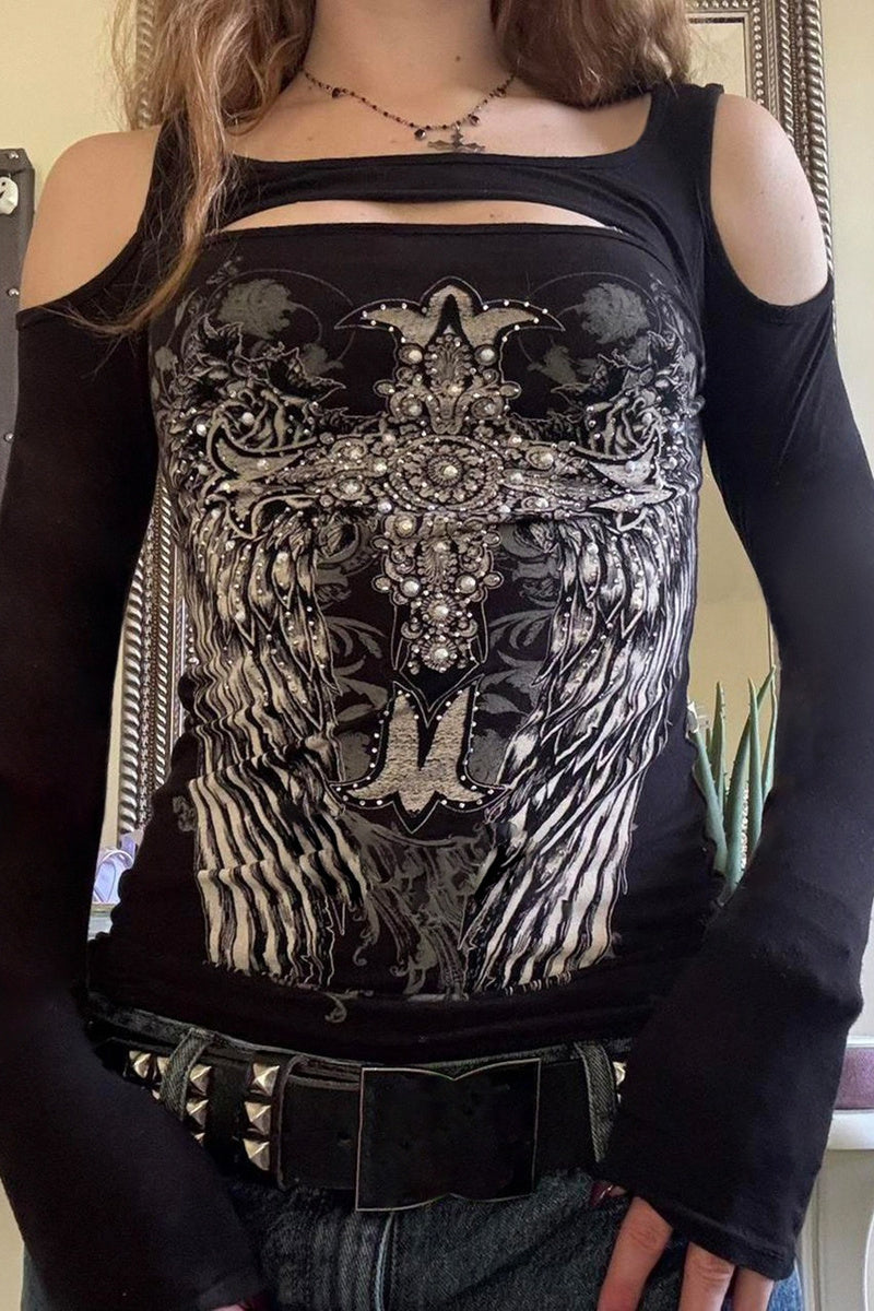 Wing Print Cold Shoulder Top