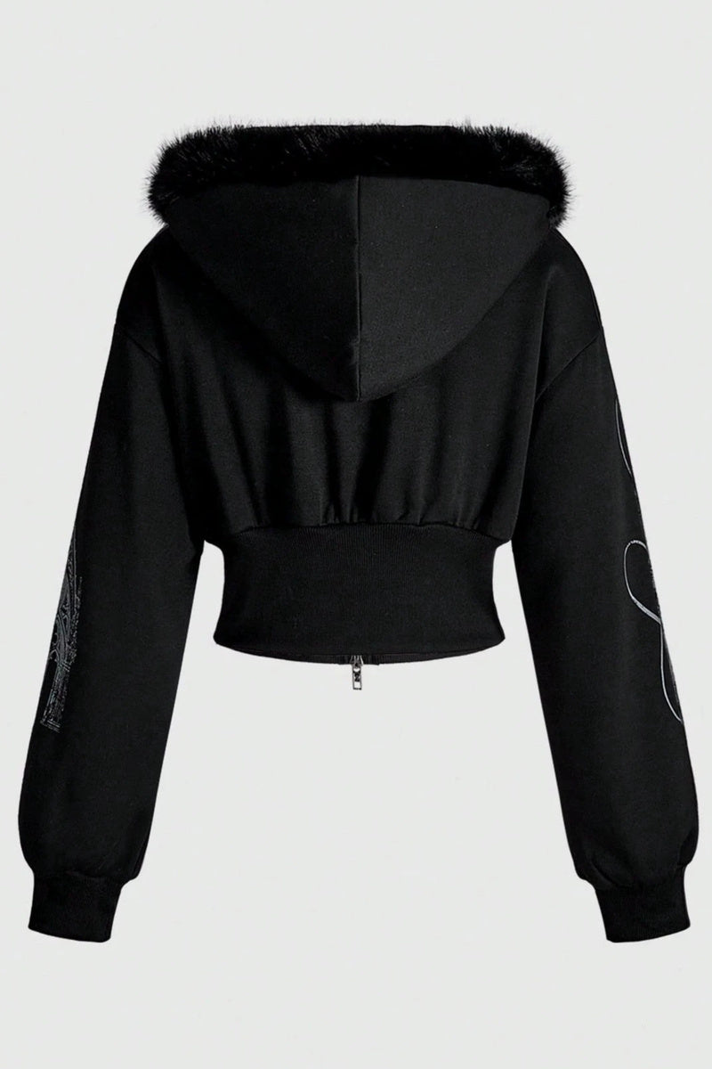 GothicPunkFur Trim Cross Print Cropped Hoodie