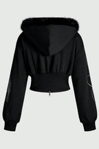 GothicPunkFur Trim Cross Print Cropped Hoodie