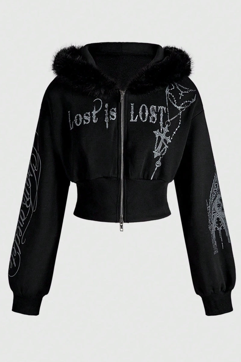 GothicPunkFur Trim Cross Print Cropped Hoodie Main image