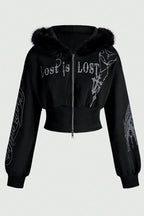 GothicPunkFur Trim Cross Print Cropped Hoodie