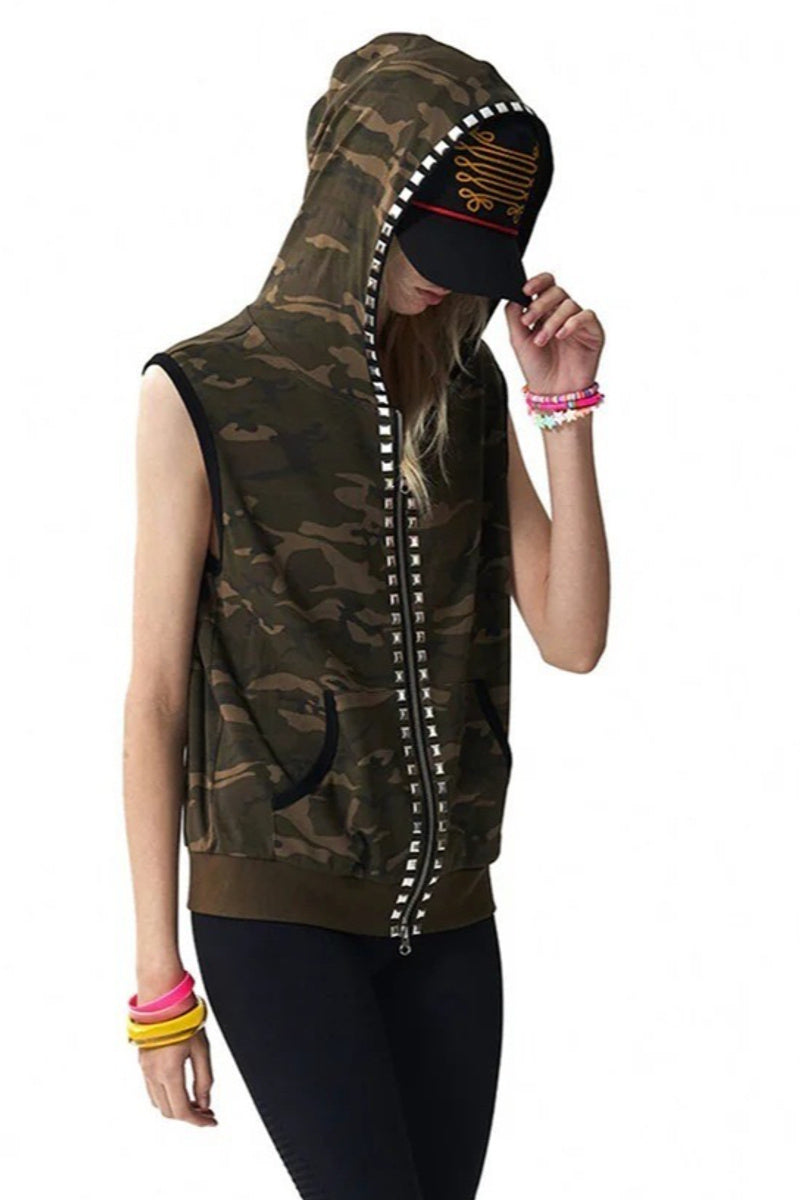 GothicPunkStudded Camo Hooded Vest