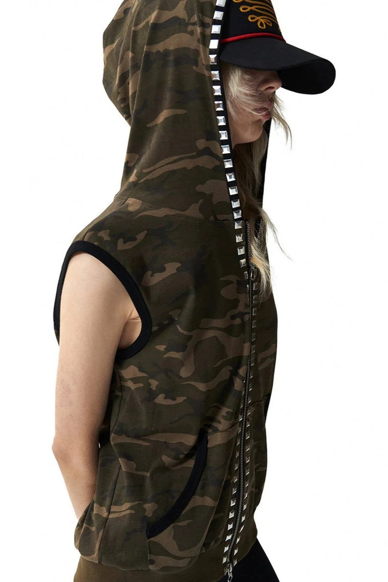 GothicPunkStudded Camo Hooded Vest