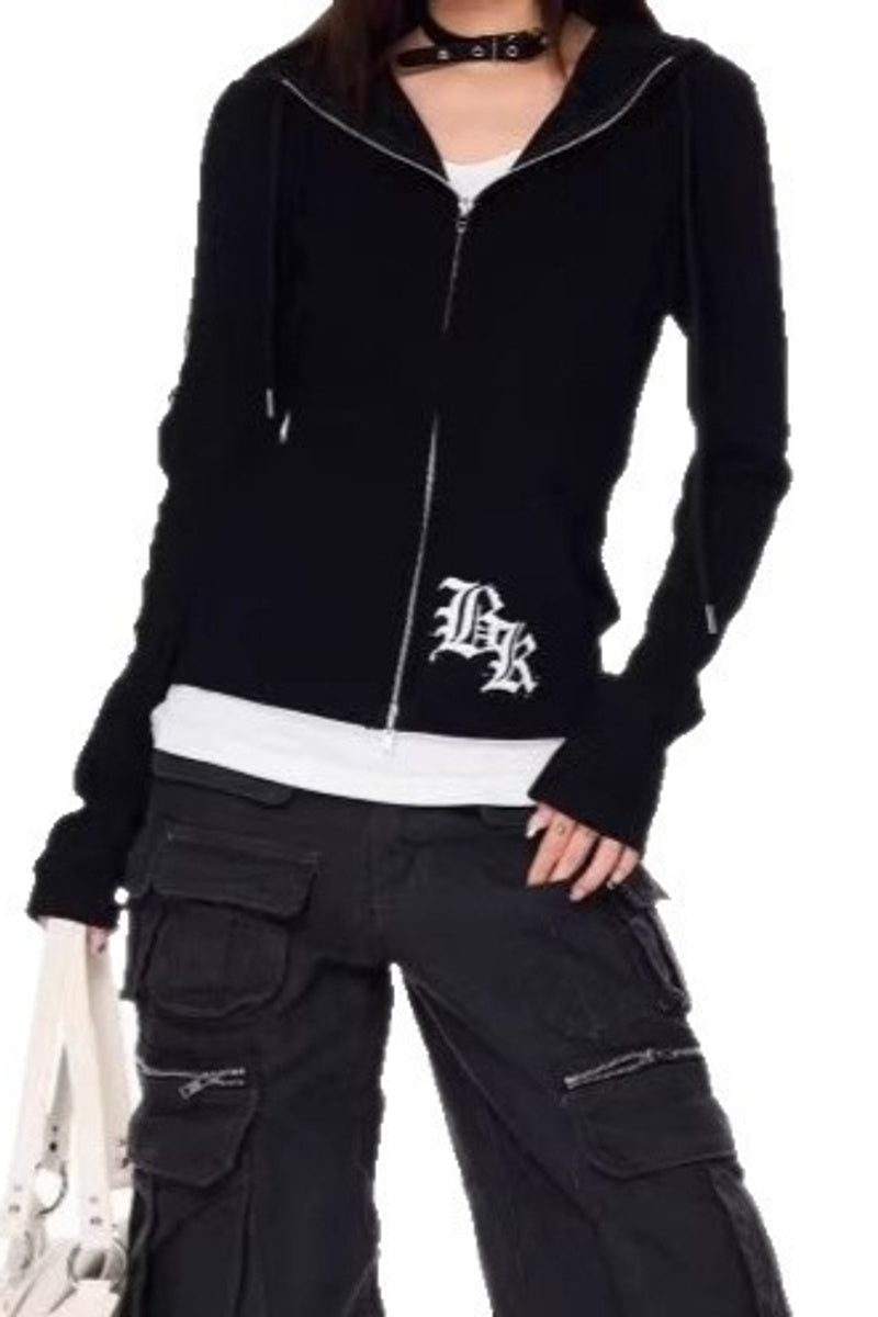 GothicPunkLetter Print Fitted Zip Hoodie