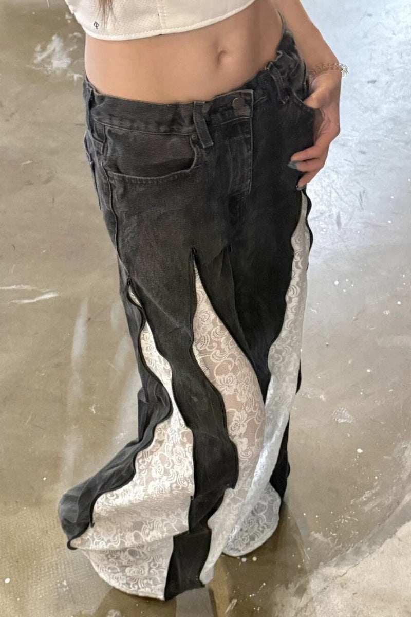 Lace Panel Flared Jeans
