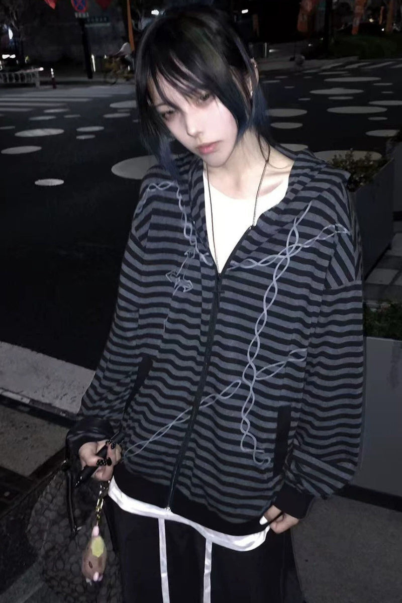 GothicPunkStriped Zip Hoodie