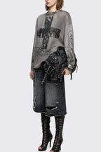 Cross Print Distressed Top