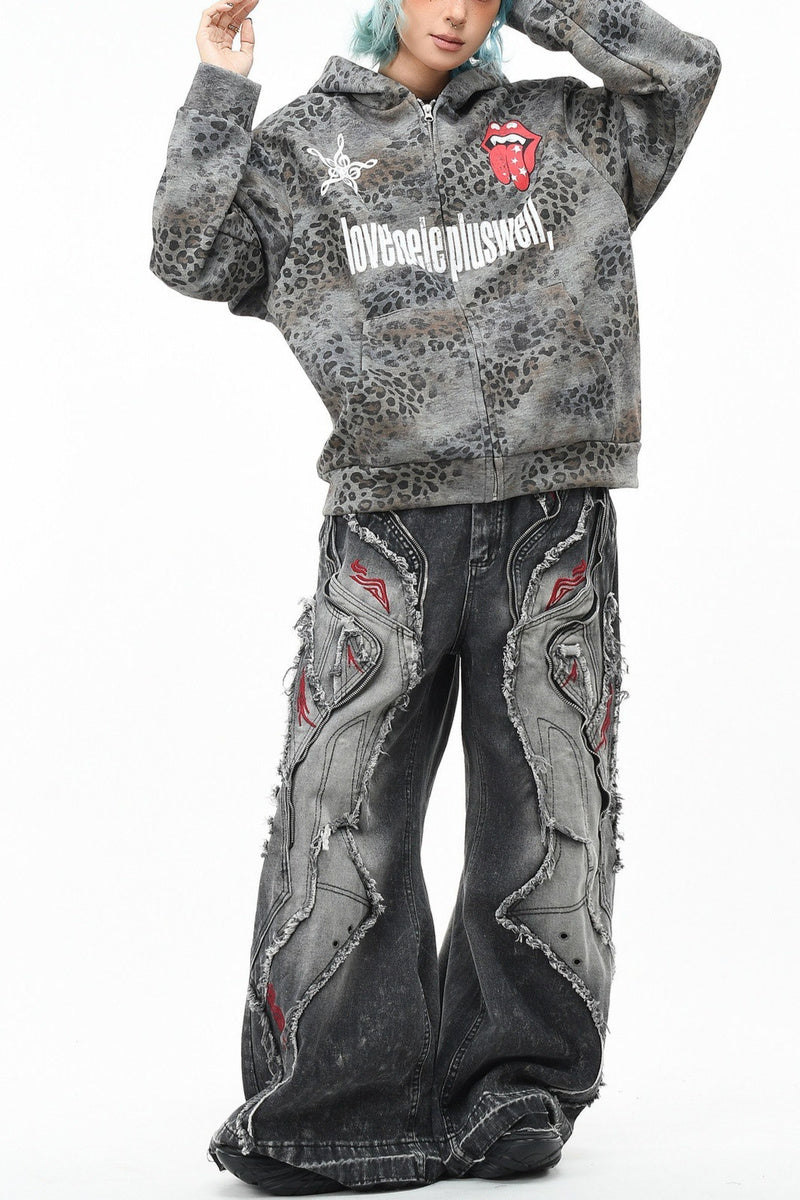 GothicPunkLeopard Print Zip Hoodie