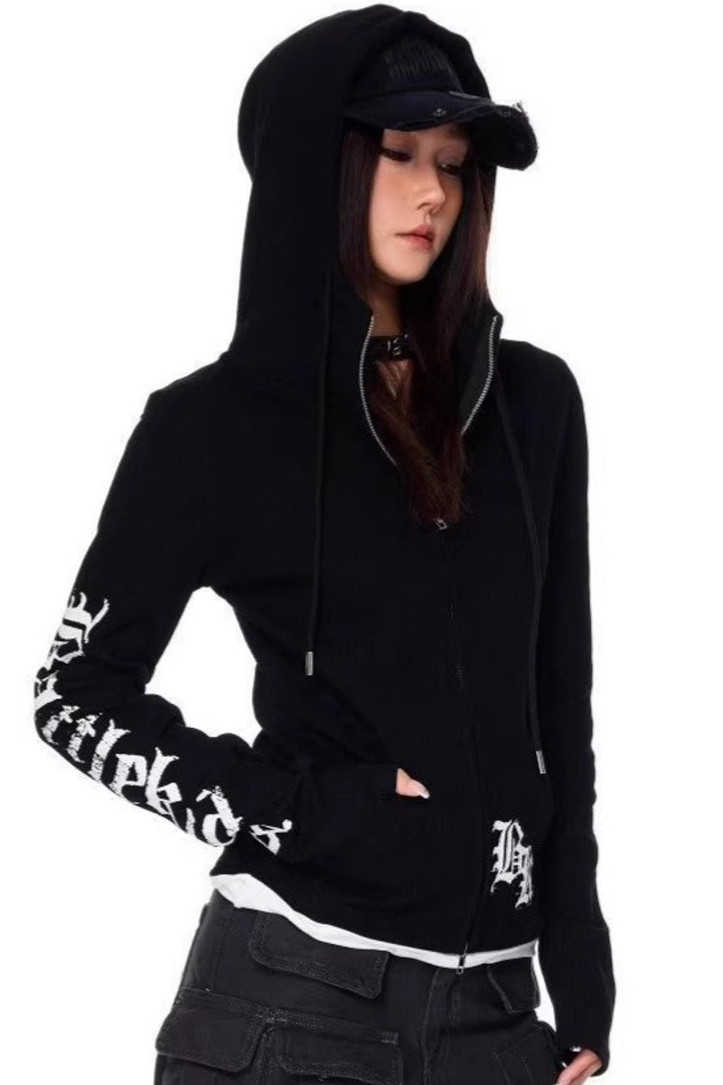GothicPunkLetter Print Fitted Zip Hoodie